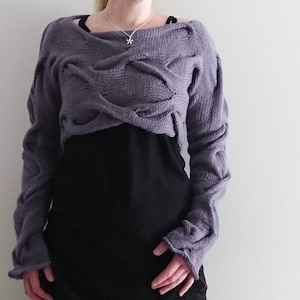 May include: A purple knitted sweater with a unique, intricate design. The sweater has a cropped length and long sleeves.