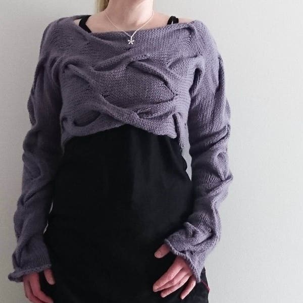 Cropped Sweater Knitting Pattern Chunky Shrug Dancers Bolero Twisted Cables Alternative Fashion Wrap Handmade DIY Tutorial Teens Adult