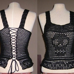 Halloween Costume Skull Corset Top Crochet Pattern tutorial rock chick goth Handmade DIY skulls alternative fashion Steampunk dark fantasy