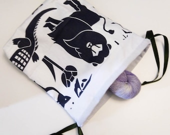 Handmade Drawstring Project Bag: Lion Animal Print, Knitting Crochet Storage