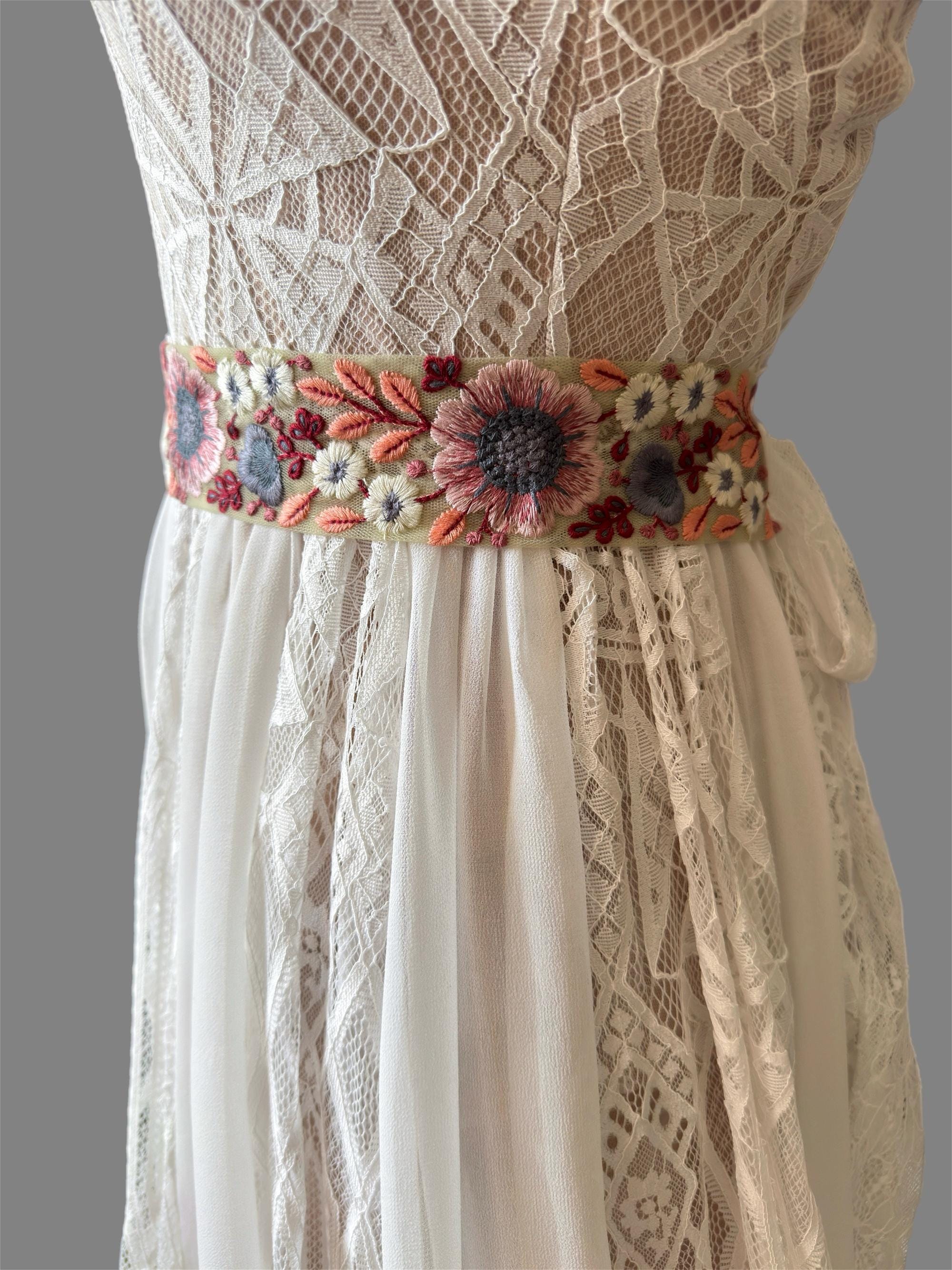 Embroidered Floral Wedding Sash Belt: Rustic Boho Bridal 