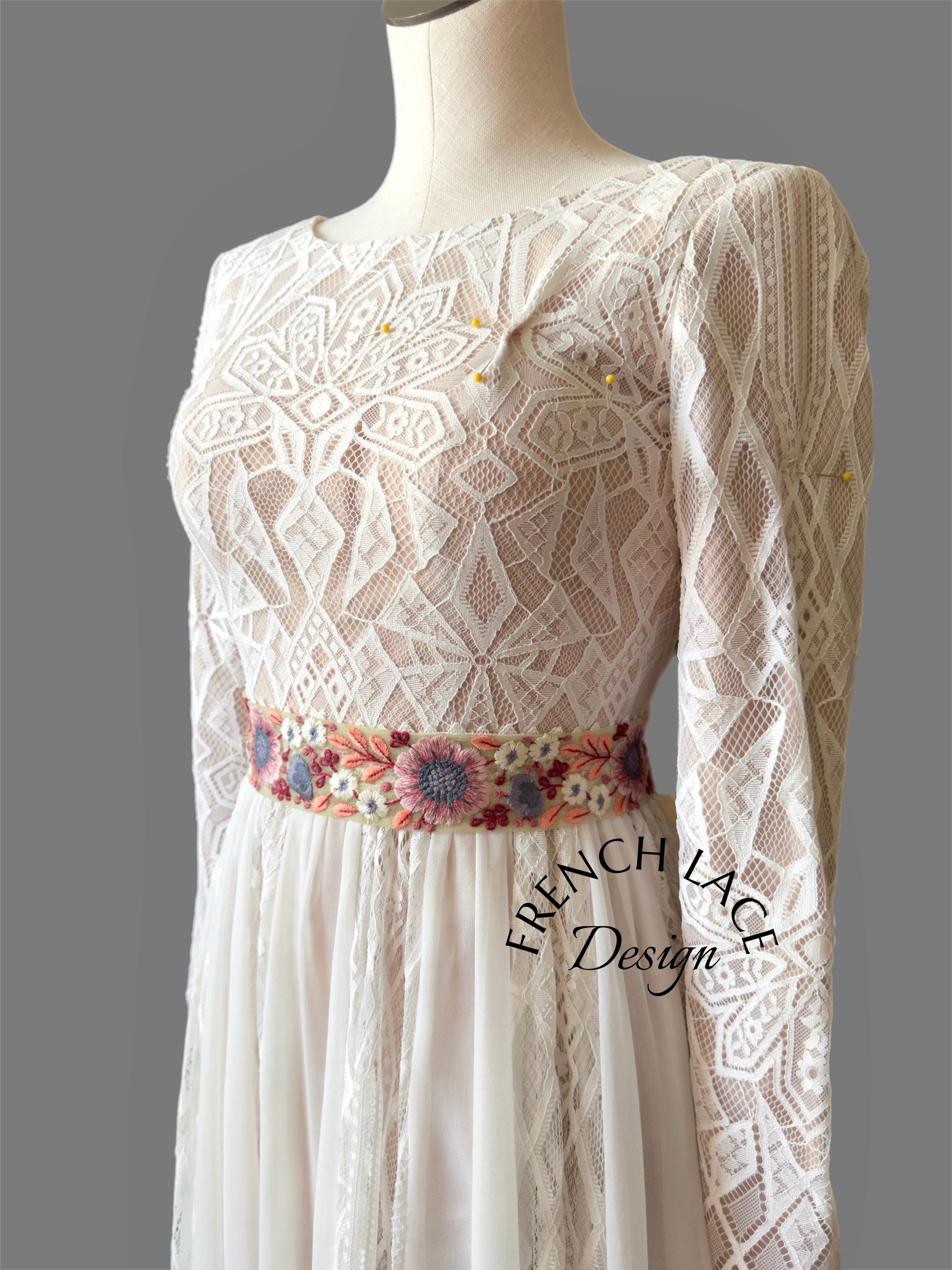 Vintage Whimsigoth Embroidered Floral Sash Belt Embroidered Floral Wedding Sash Belt: Rustic Boho Bridal  main image 2
