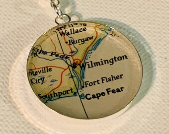 Vintage Wilmington North Carolina Cape Fear Pendant Necklace. Made from a Vintage Map