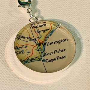 Vintage Wilmington North Carolina Cape Fear Pendant Necklace. Made from a Vintage Map
