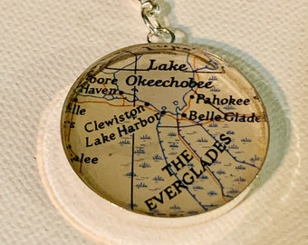 Vintage Lake Okeechobee Everglades Florida Pendant Necklace. Made from a Vintage Map