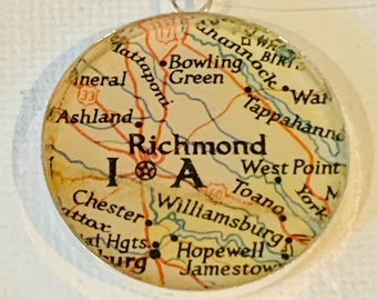 Vintage Richmond Virginia Pendant Necklace. Made from a Vintage Map
