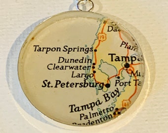 Vintage Tampa Bay St. Pete's Tarpon Springs Dunedin Pendant Necklace. Made from a Vintage Map