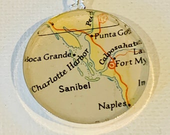 Vintage Florida Sanibel Island Pendant Necklace. Made from a Vintage Map