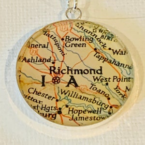 Vintage Richmond Virginia Pendant Necklace. Made from a Vintage Map