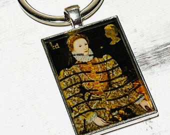 Vintage Postage Stamp Queen Elizabeth I Tudor England Britain Key Chain Fob