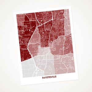 Juanitas Fayetteville Map Print.  Choose the Colors and Size.  Perfect Graduation Gift for your University of Arkansas Razorback.