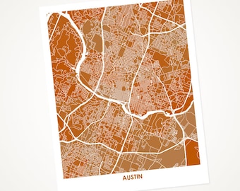Juanitas Austin Map Print.  Choose your colors and size.  University of Texas Longhorns.  UT Poster