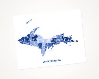 Juanitas Upper Peninsula Map Print.  Choose your Colors and Size.  Michigan Local Art.