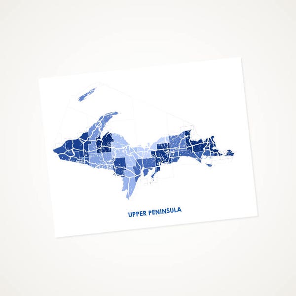 Juanitas Upper Peninsula Map Print.  Choose your Colors and Size.  Michigan Local Art.