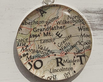 Vintage Boone North Carolina Grandfather Mountain Pendant Necklace. Made from a Vintage Map