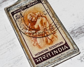 Vintage Postage Stamp India Medieval Sculpture Key Chain Fob