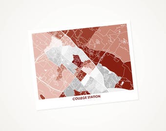 Juanitas College Station Map Print.  Choose the Colors and Size. Texas A&M University Aggie Gift.