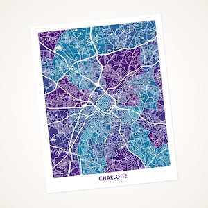 Juanitas Charlotte Map Print.  Choose the Colors and Size.  Perfect for your favorite Panther or University of North Carolina- C Grad.