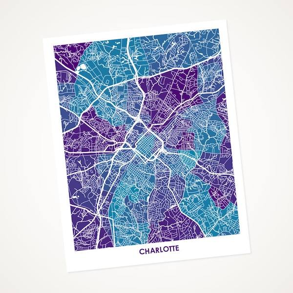 Juanitas Charlotte Map Print.  Choose the Colors and Size.  Perfect for your favorite Panther or University of North Carolina- C Grad.