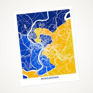 Morgantown Map Print.  Choose your color and size. Perfect gift for the West Virginia University Mountaineer.