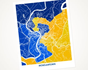 Morgantown Map Print.  Choose your color and size. Perfect gift for the West Virginia University Mountaineer.