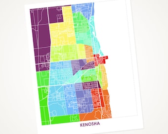 Juanitas Kenosha Map Print.  Wisconsin Art.  CUSTOM Colors and Size.  Hometown Map.  Modern Home Decor. Map of Kenosha WI.