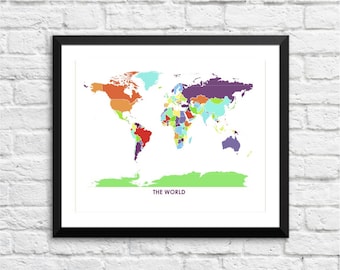 Juanitas World Map.  Art Map Print.  Color Options and Size Options Available.  Map of the World.