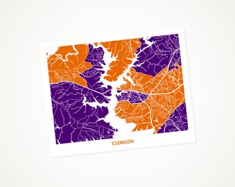 Juanitas Clemson Map Print. Size and Color Options available.  University Tiger Poster.  South Carolina City Wall Art.