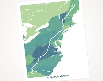 Juanitas Appalachian Trail Map Print.  Choose the Colors and Size.  Hiking Poster. Map of Appalachian Trail. Wanderlust Gift.