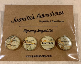 Wyoming Map Magnets. Made from Antique Maps for your Kitchen, or your Office. Perfect Hostess Gift for your favorite Western Fan.