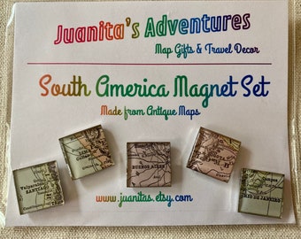 South America Map Magnets.  Made from Antique Maps for your Kitchen, or your Office.  Perfect Hostess Gift for your favorite Texas Fan.