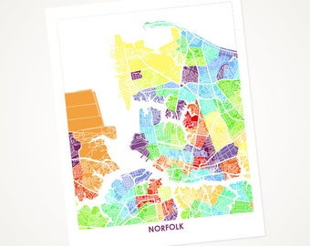 Juanitas Norfolk Map Print.  Choose your Colors and Size.  Virginia City Wall Art.