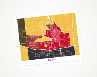 Ames Map Print.  Pick the Colors and Size.  Iowa State University Cyclones Gift.