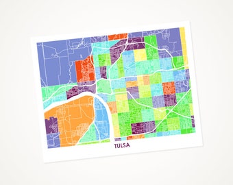 Juanitas Tulsa Map Print.  Choose the Colors and Size.  Oklahoma Art.