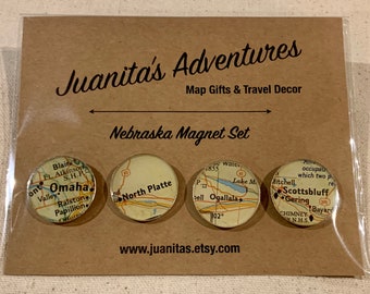 Nebraska Map Magnets.  Made from Antique Maps for your Kitchen, or your Office.  Perfect Hostess Gift for your favorite Huskers Fan.