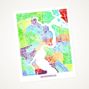 Juanitas Jacksonville Map Print.  Choose the Colors and Size.  Florida Line Wall Art.