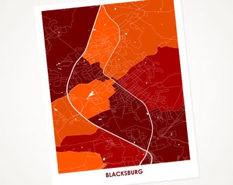 Juanitas Blacksburg Map Print.  Choose your Colors and Size.  Perfect Wall Art for your Virginia Tech Hokie.