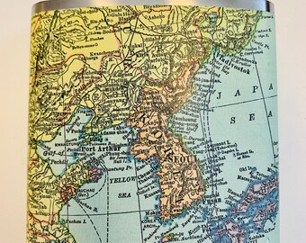 Hip Flask.  Antique Map of Korean Peninsula, Korea. Grooms and Groomsmen Gifts.
