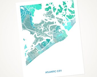 Juanitas Atlantic City Map Print.  Choose the Colors and Size.  New Jersey Wall Art.