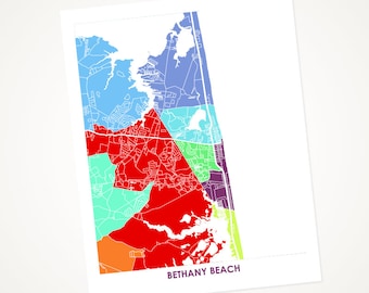 Juanitas Bethany Beach Map Print.  Choose the Colors and Size.  Map of Bethany Beach DE.  Delaware Art. Beach Wedding Map.