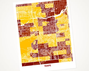 Juanitas Tempe Map Print.  Pick the Colors and Size.  Arizona State University and the Sun Devils Gift.