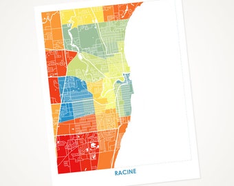 Juanitas Racine Map Print.  Wisconsin City Art. Color Options and Size Options Available.