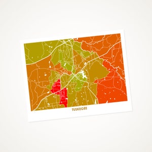 Juanitas Tuskegee Map Print.  Choose the Colors and Size.  University Artwork.  Alabama Decor.