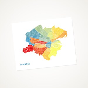 Juanitas Roanoke Map Print.  Choose your Colors and Size.  Virginia City College Wall Art Poster.