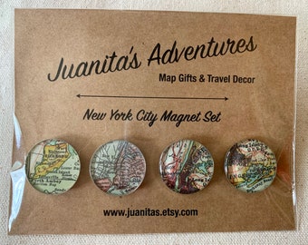 New York City Map Magnets.  Made from Antique Maps for your Kitchen, or your Office.  Perfect Hostess Gift for your favorite Big Apple Fan.