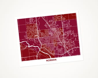 Juanitas Norman OK Map Print.  Choose the Colors and Size.  University of Oklahoma Sooners Gift.