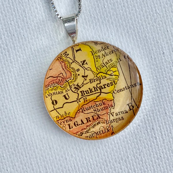 Bucharest Romania Pendant Necklace. Made from a Vintage Map