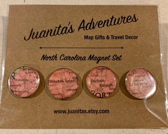 North Carolina Map Magnets.  Made from Antique Maps for your Kitchen, or your Office.  Perfect Hostess Gift for your favorite Carolina Fan.