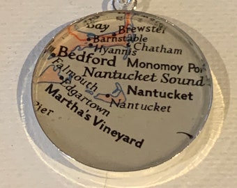 Vintage Nantucket Island Bay Pendant Necklace. Made from a Vintage Map