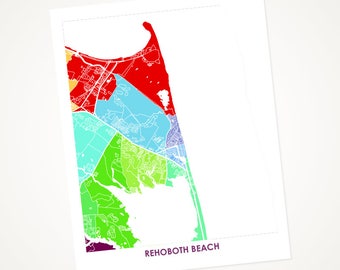 Juanitas Rehoboth Beach Map Print.  Choose the Colors and Size.  Bright Delaware Wall Art.  Show your DE Local Love.